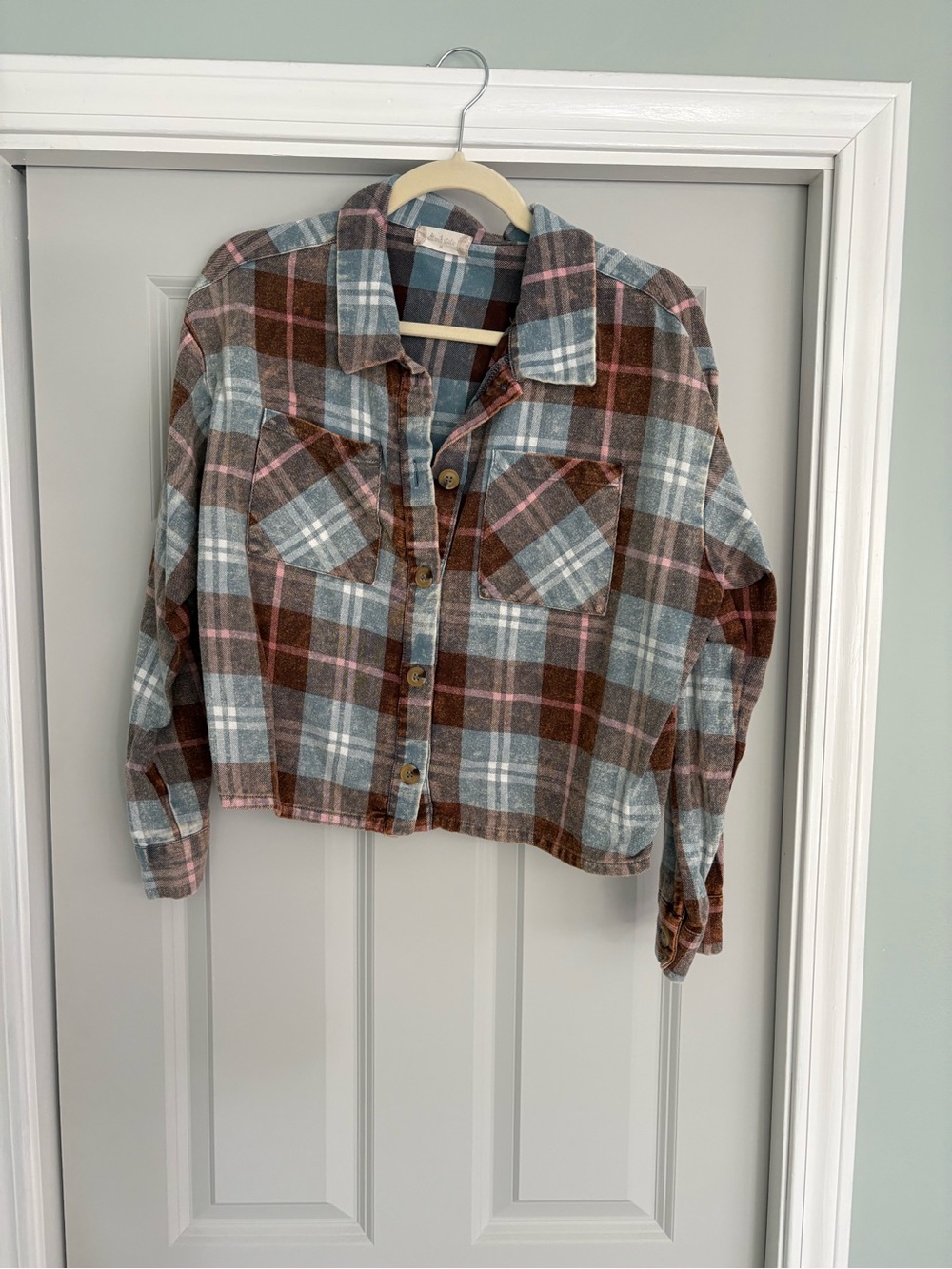 Altar'd State Crop Plaid Button-Down Shirt Jacket in Brown, Blue & Pink